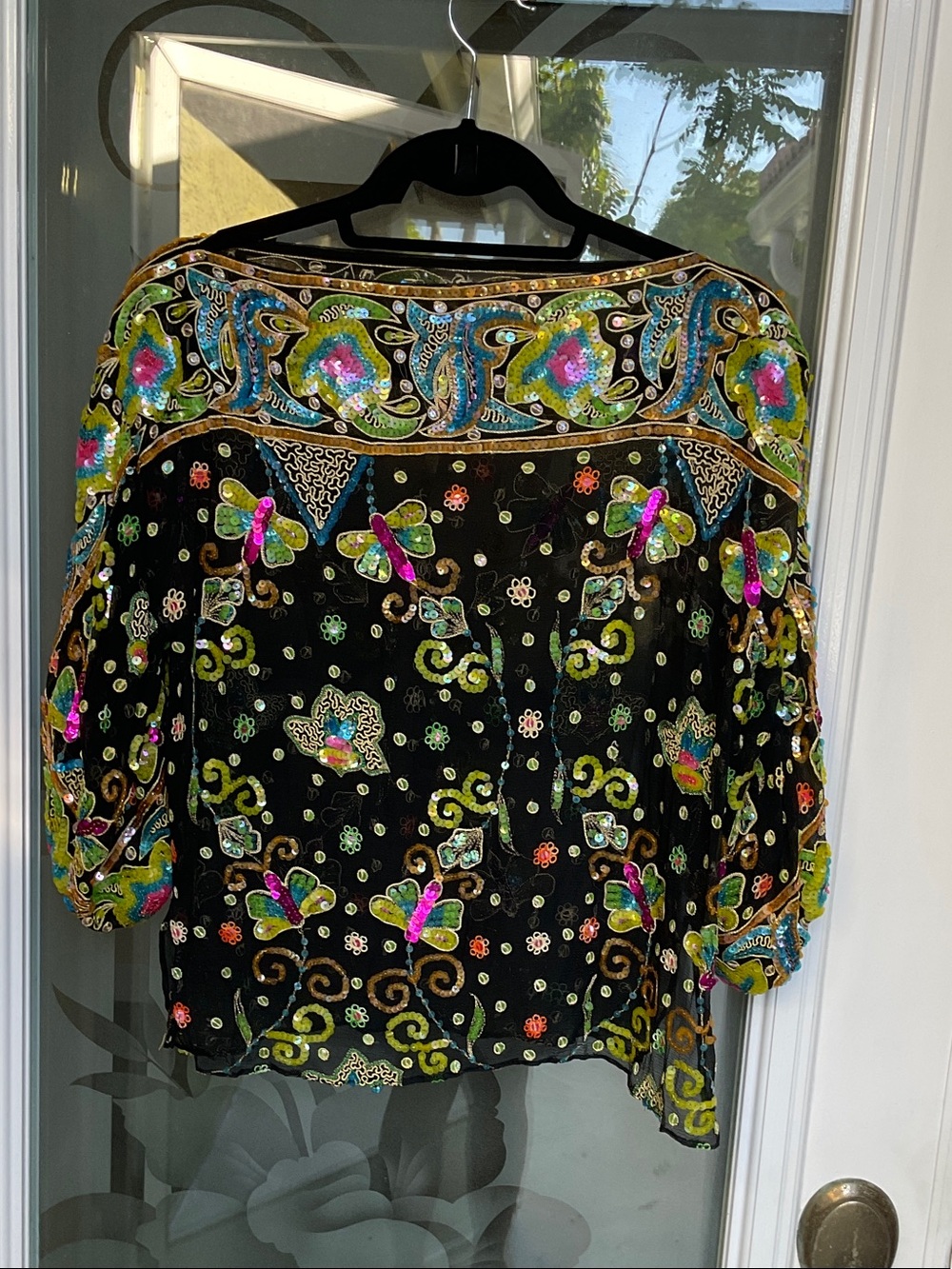 Embellished Sequin Black Floral-Print Women's Top